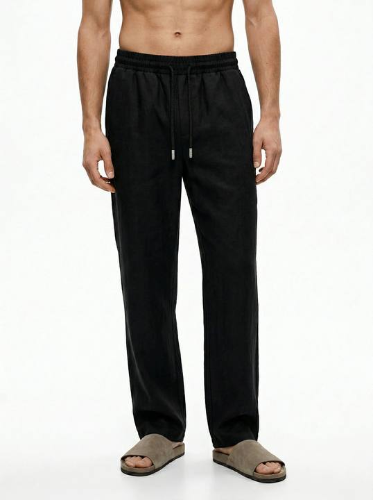 BLACK STRAIGHT-LEG TEXTURED 100% PURE LINEN PANTS S27N