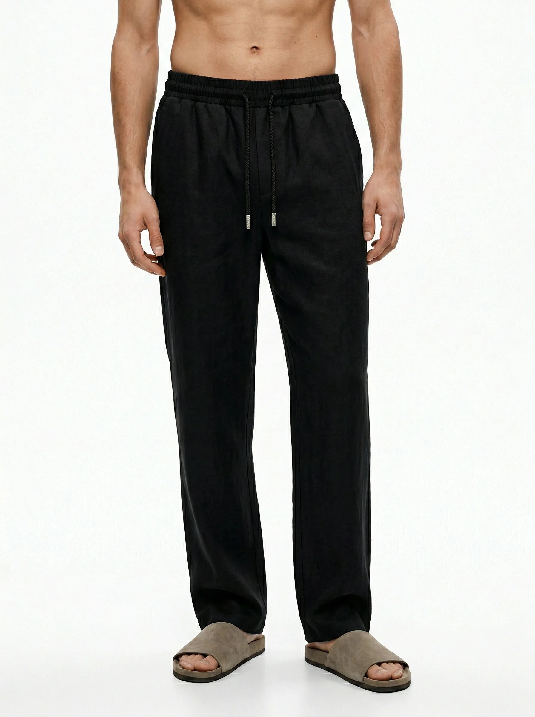 BLACK STRAIGHT-LEG TEXTURED 100% PURE LINEN PANTS S27N