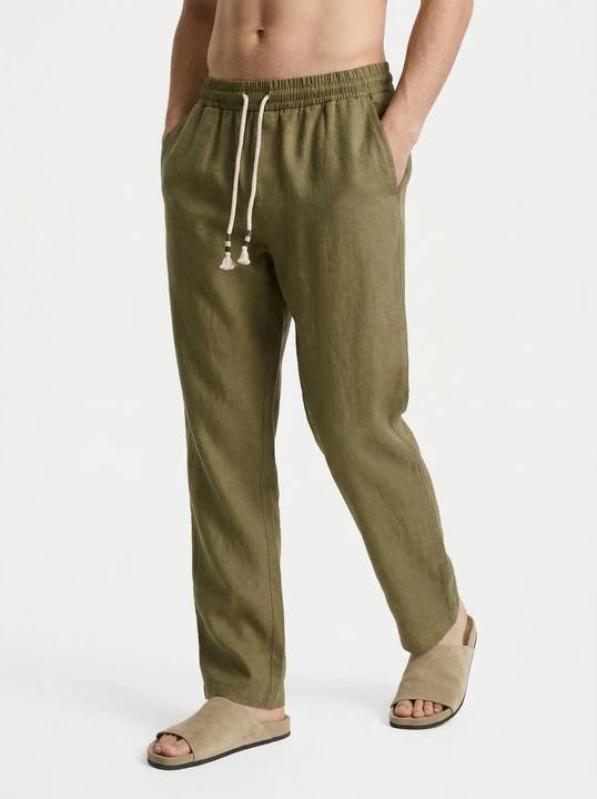 OLIVE KHAKI 100% LINEN SLIM-FIT DRAWSTRING PANTS S27