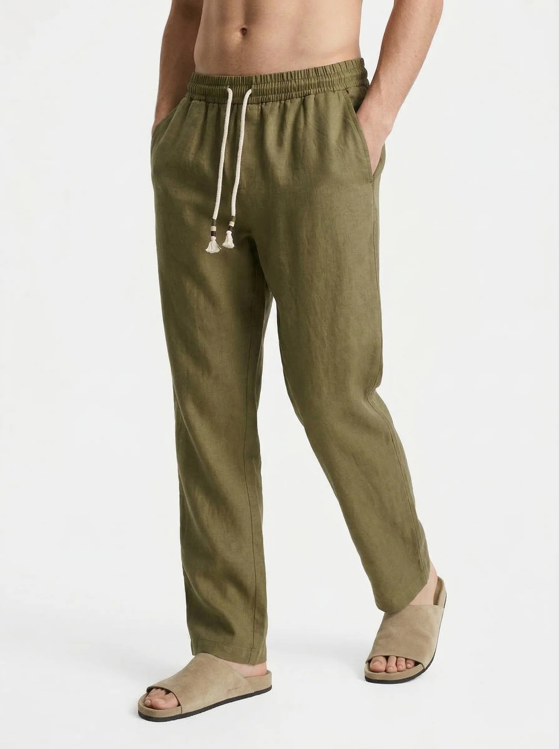 OLIVE KHAKI 100% LINEN SLIM-FIT DRAWSTRING PANTS S27