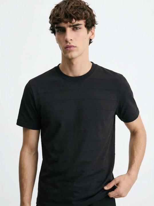 BLACK TONAL HORIZONTAL STRIPE TEXTURED SLIM-FIT T-SHIRT S27