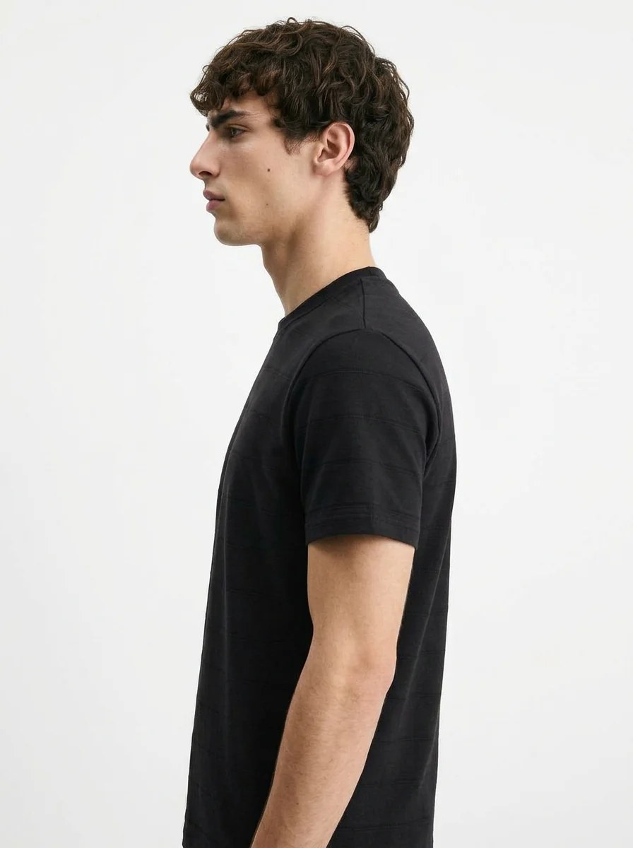 BLACK TONAL HORIZONTAL STRIPE TEXTURED SLIM-FIT T-SHIRT S27