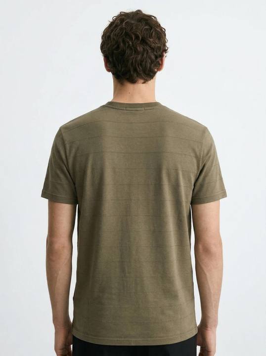 OLIVE TONAL HORIZONTAL STRIPE TEXTURED SLIM-FIT T-SHIRT S27