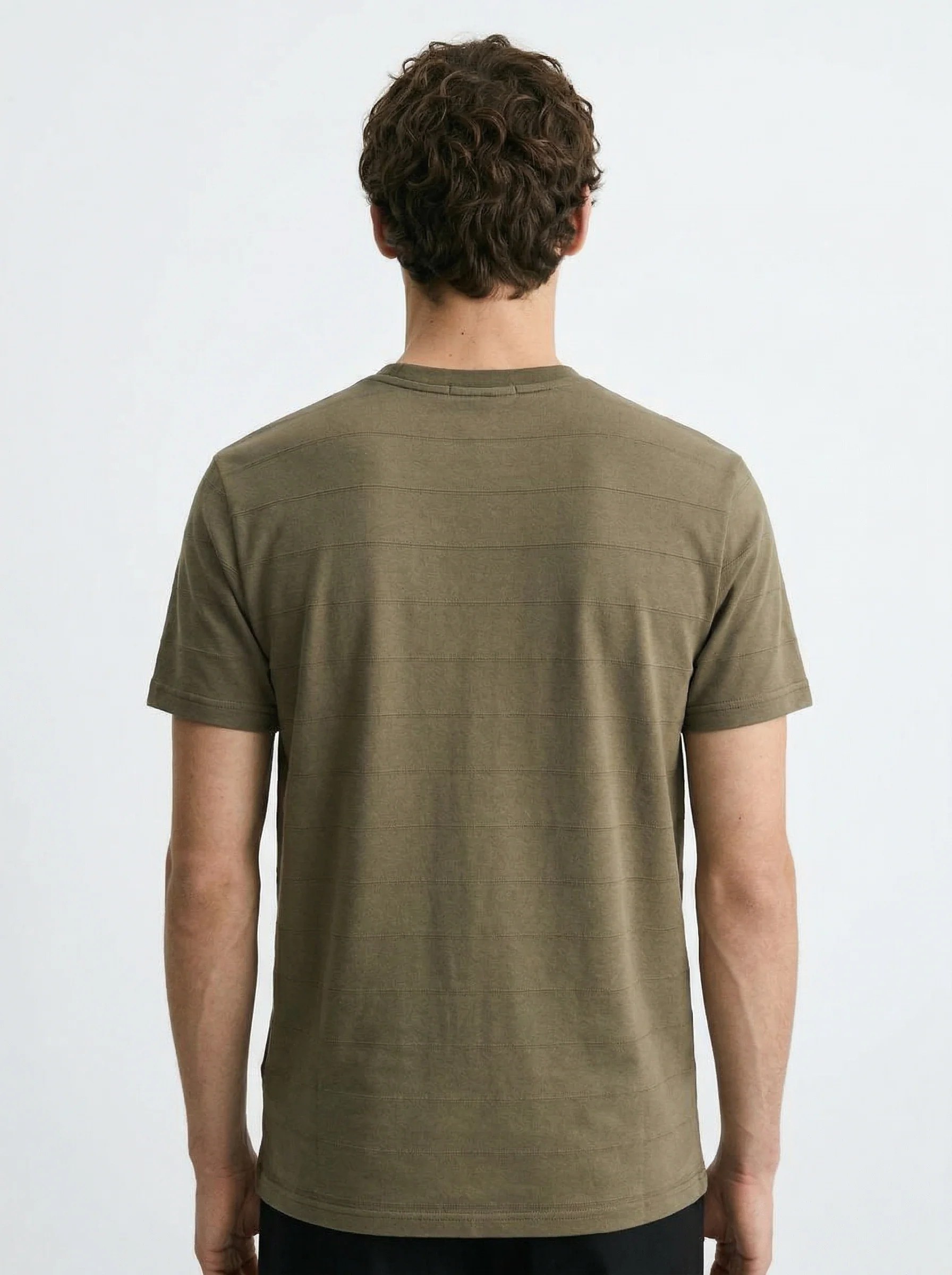 OLIVE TONAL HORIZONTAL STRIPE TEXTURED SLIM-FIT T-SHIRT S27