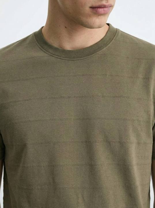 OLIVE TONAL HORIZONTAL STRIPE TEXTURED SLIM-FIT T-SHIRT S27