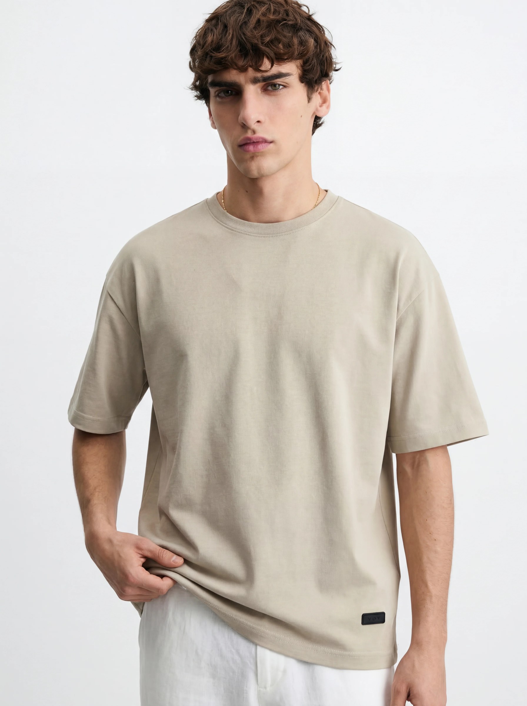 WARM BEIGE ROUND NECK OVERSIZED T-SHIRT S27