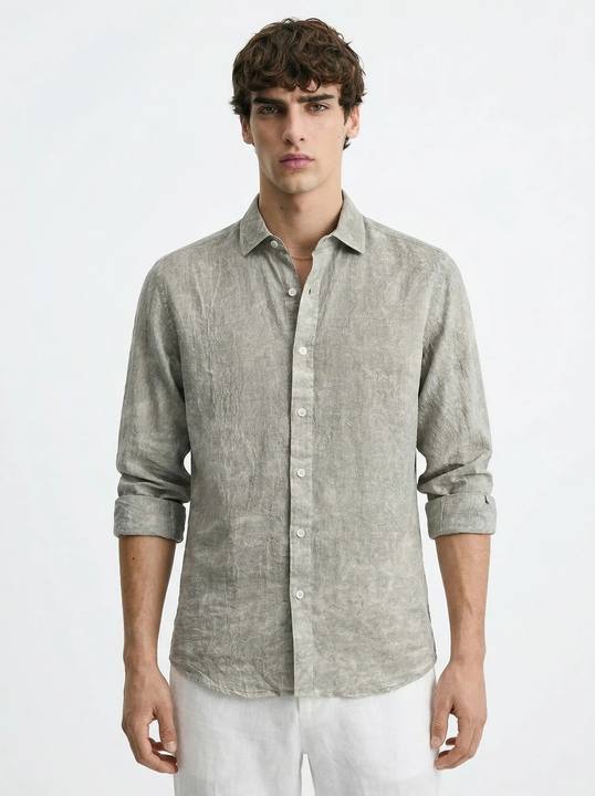 STONE WASHED OLIVE PURE LINEN SHIRT S27N