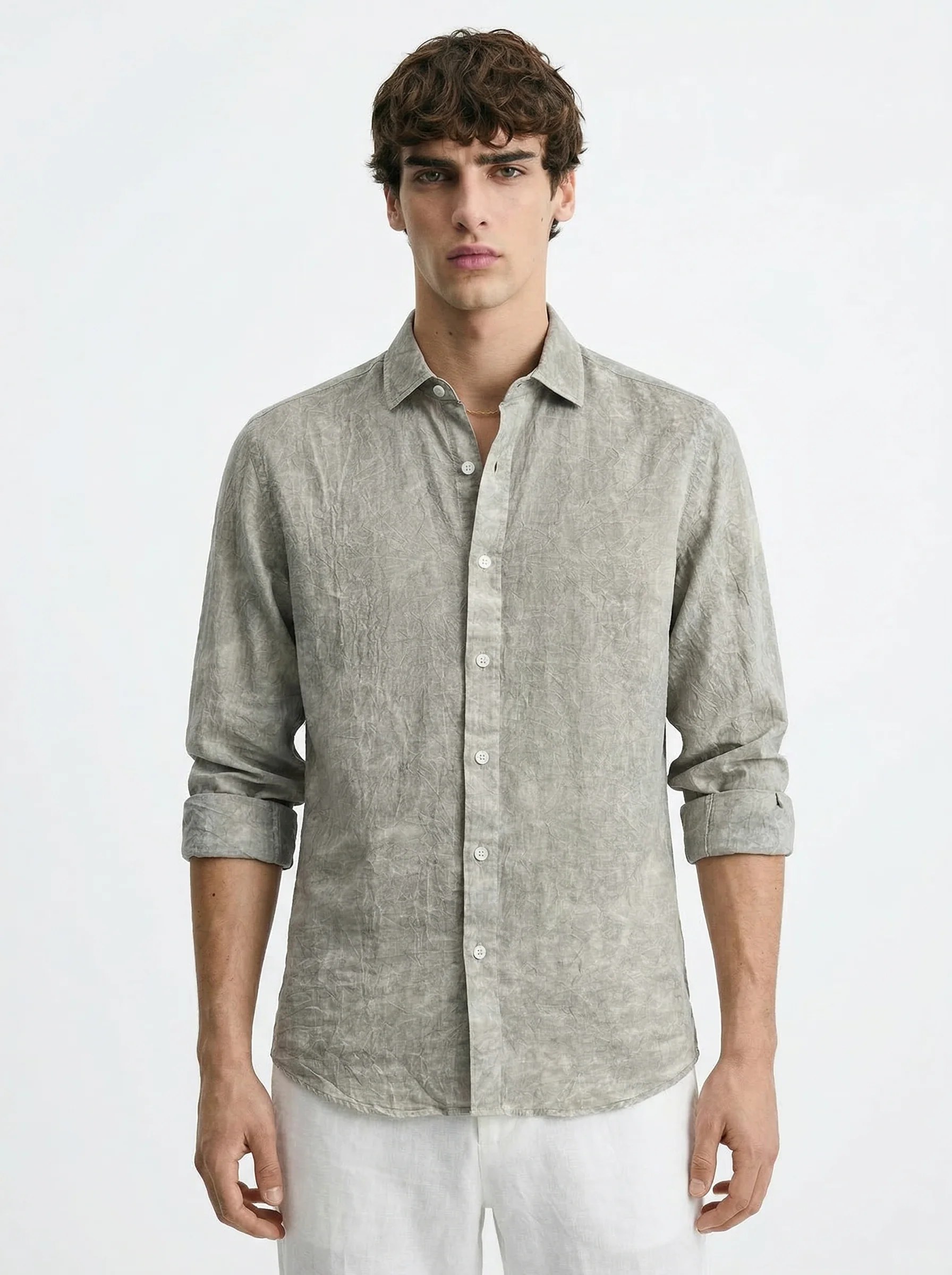 STONE WASHED OLIVE PURE LINEN SHIRT S27N
