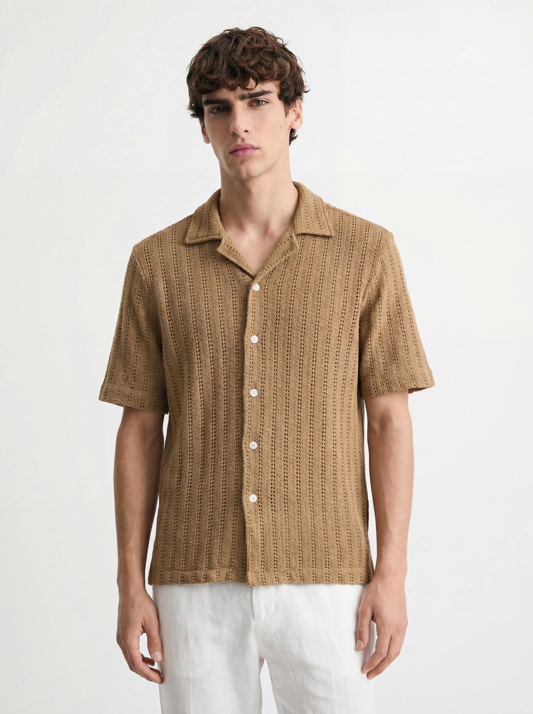 CAMEL TEXTURED RELAXED CUBAN SHIRT S27