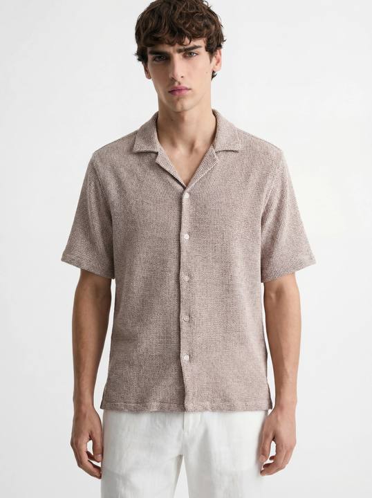 BEIGE MELANGE MINI WAFFLE RELAXED RESORT SHIRT S27