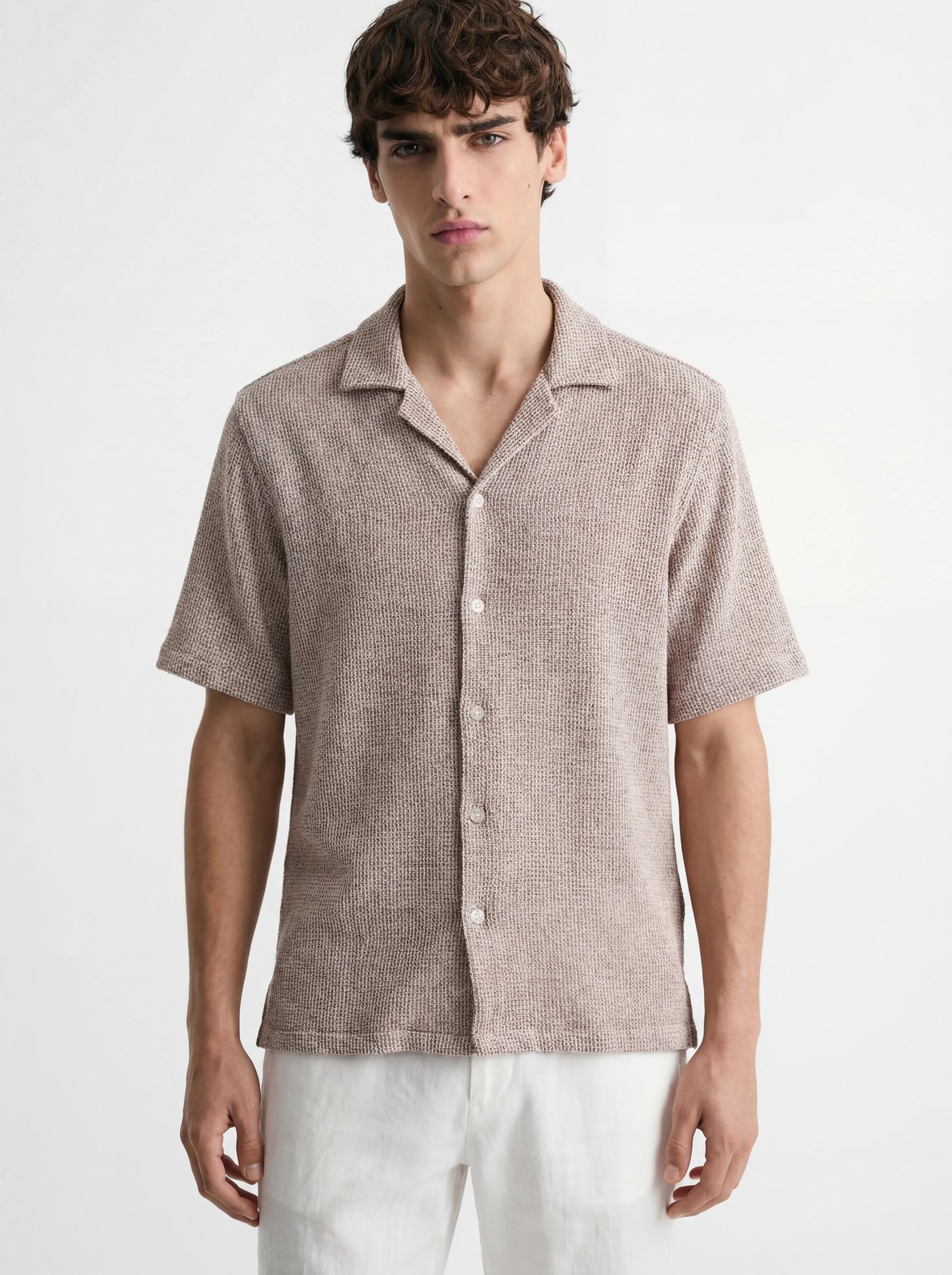 BEIGE MELANGE MINI WAFFLE RELAXED RESORT SHIRT S27