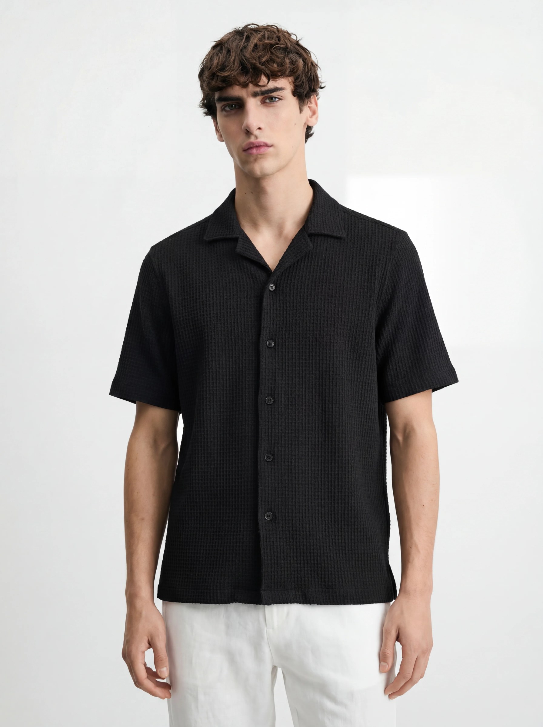 BLACK WAFFLE TEXTURED RELAXED CUBAN SHIRT S27