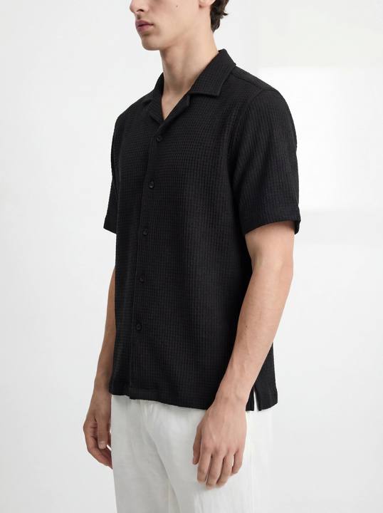 BLACK WAFFLE TEXTURED RELAXED CUBAN SHIRT S27