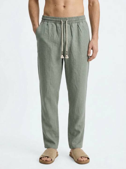 DARK MINT 100% LINEN SLIM-FIT DRAWSTRING PANTS S27