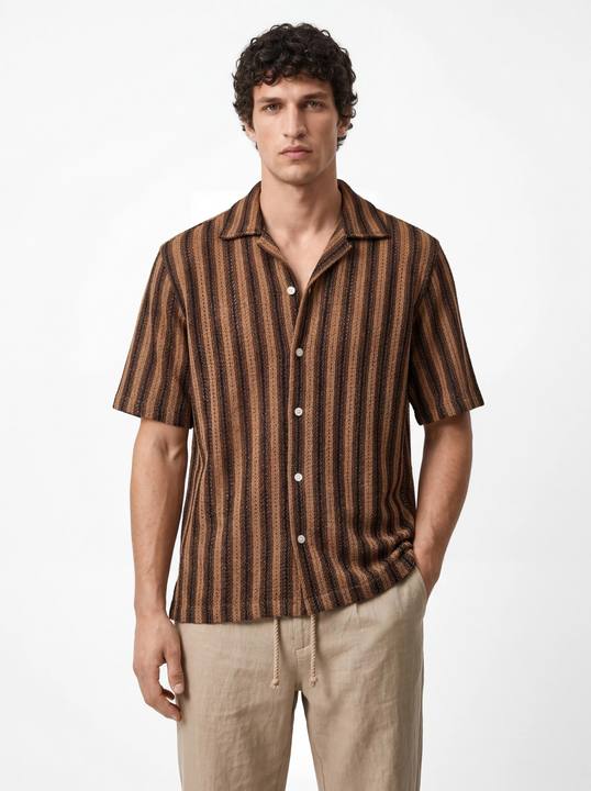MOCHA STRIPE TEXTURED RELAXED CUBAN SHIRT S27