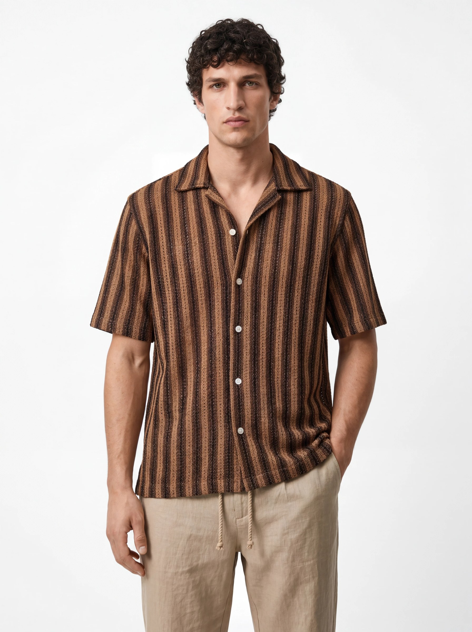 MOCHA STRIPE TEXTURED RELAXED CUBAN SHIRT S27