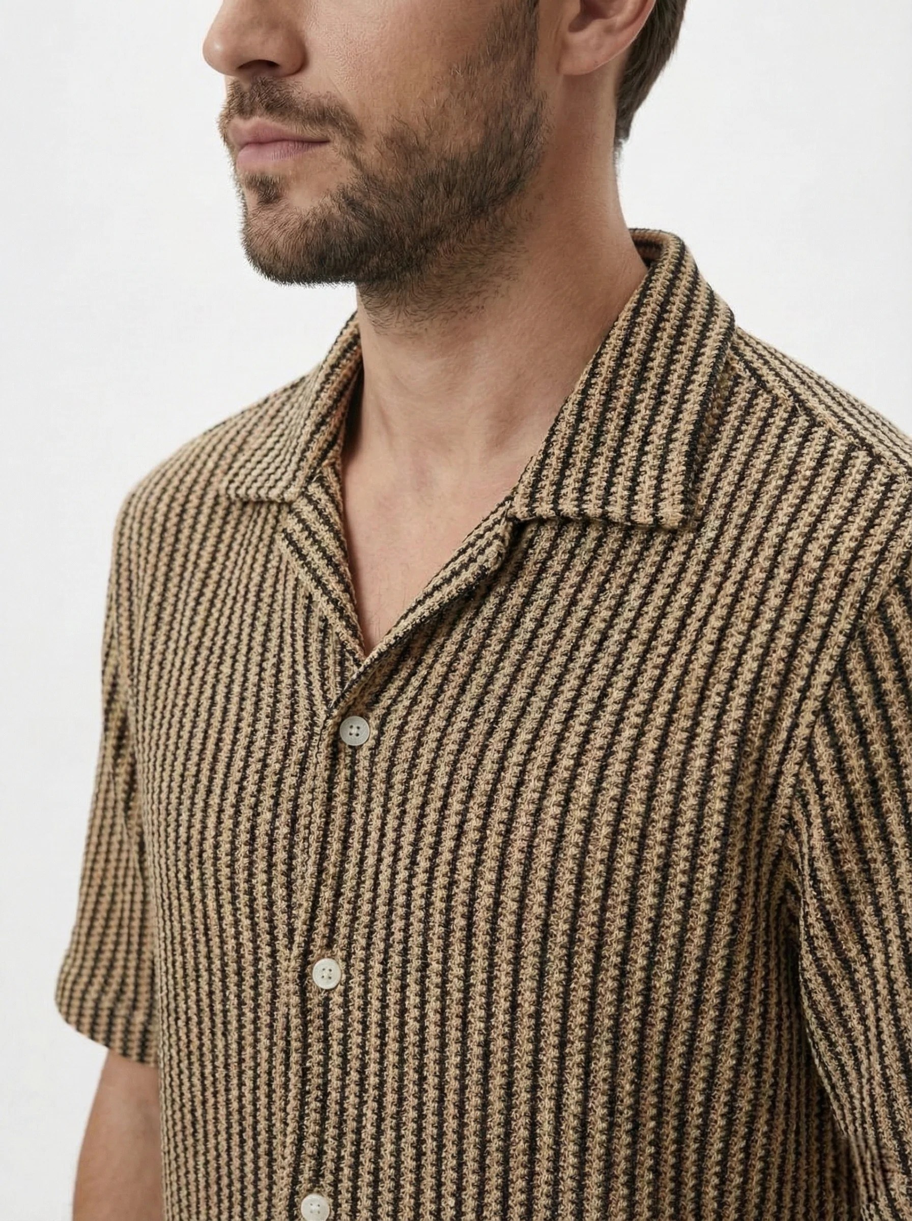 MOCHA STRIPE CUBAN COLLAR RELAXED SHIRT S27