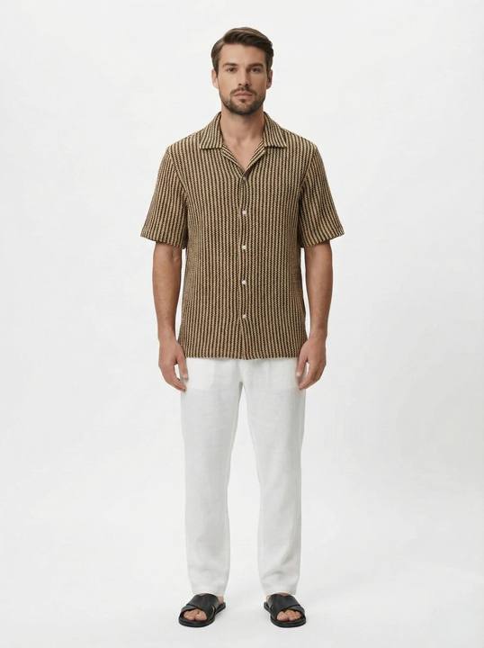 MOCHA STRIPE CUBAN COLLAR RELAXED SHIRT S27