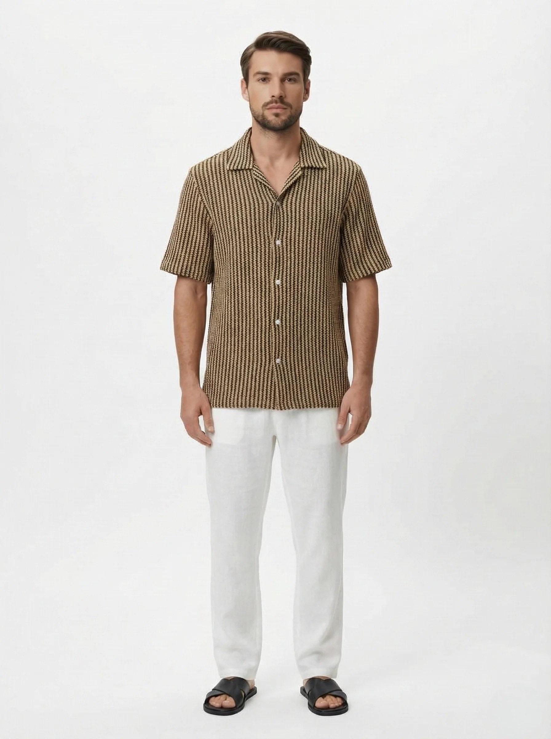MOCHA STRIPE CUBAN COLLAR RELAXED SHIRT S27