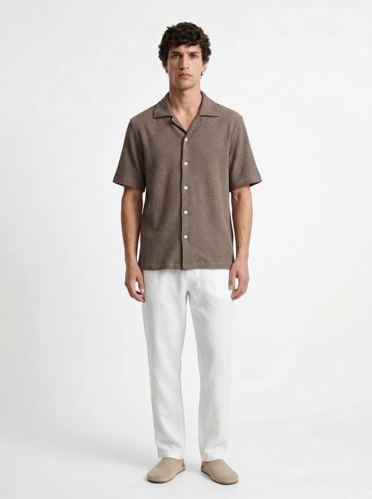 MOCHA WAFFLE TEXTURED RELAXED CUBAN SHIRT S27