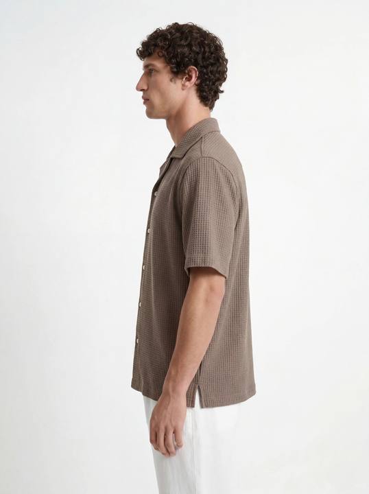 MOCHA WAFFLE TEXTURED RELAXED CUBAN SHIRT S27