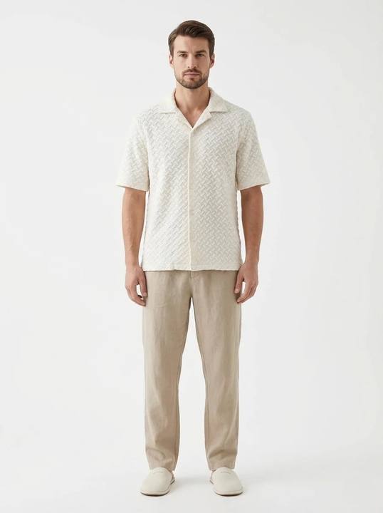 ECRU CHEVRON TEXTURED RELAXED CUBAN SHIRT S27