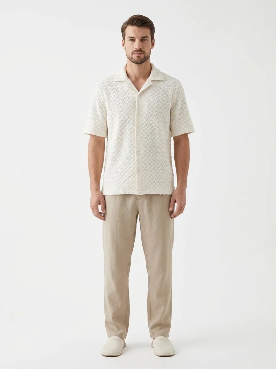 ECRU CHEVRON TEXTURED RELAXED CUBAN SHIRT S27