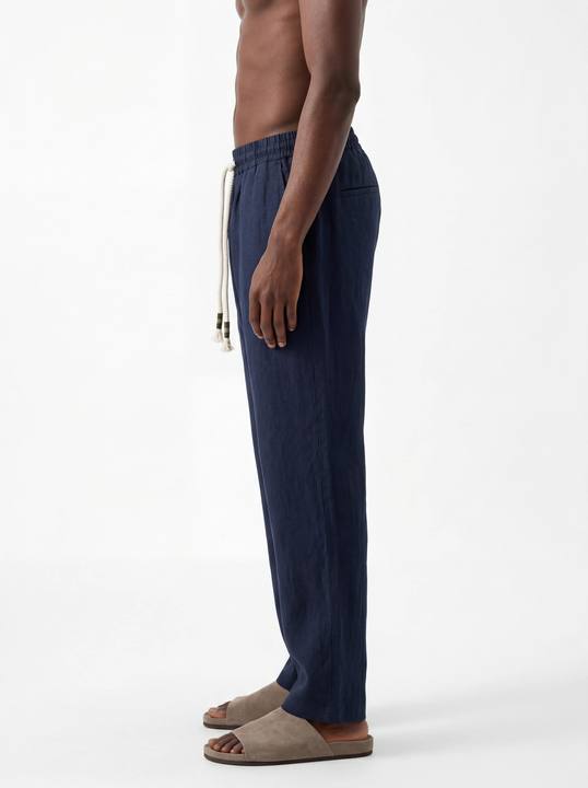 DEEP NAVY STRAIGHT-LEG PURE LINEN DRAWSTRING UNISEX PANTS S27N