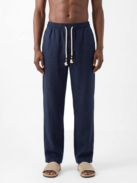 DEEP NAVY STRAIGHT-LEG PURE LINEN DRAWSTRING UNISEX PANTS S27N
