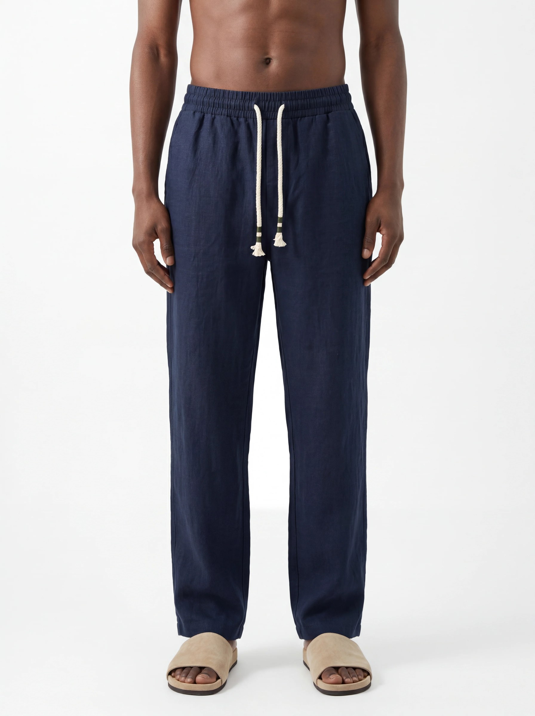 DEEP NAVY STRAIGHT-LEG PURE LINEN DRAWSTRING UNISEX PANTS S27N