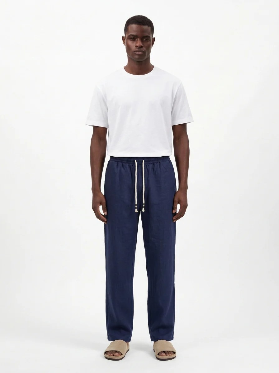 NAVY STRAIGHT-LEG PURE LINEN DRAWSTRING PANTS S27