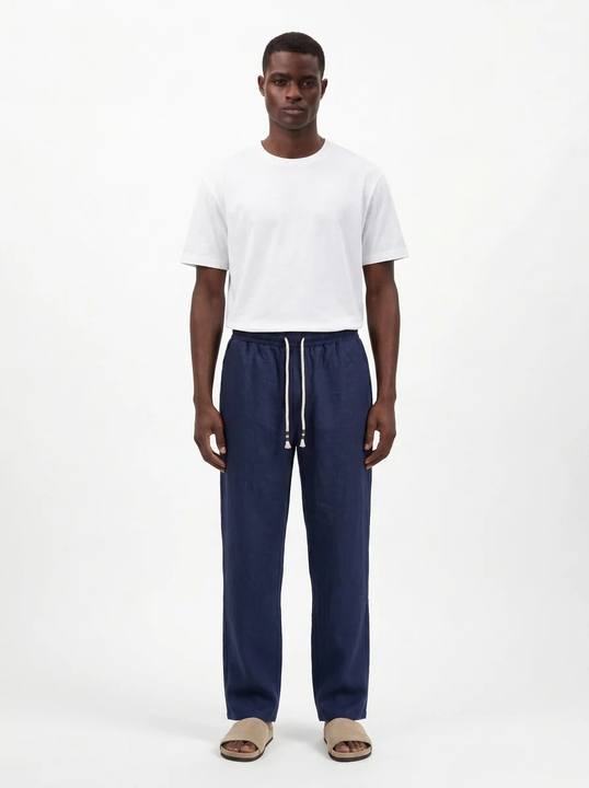 NAVY STRAIGHT-LEG PURE LINEN DRAWSTRING PANTS S27