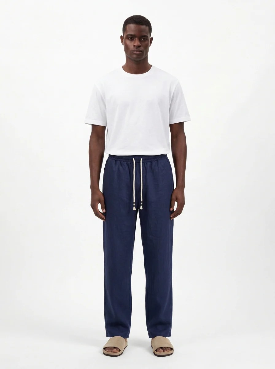 NAVY STRAIGHT-LEG PURE LINEN DRAWSTRING PANTS S27