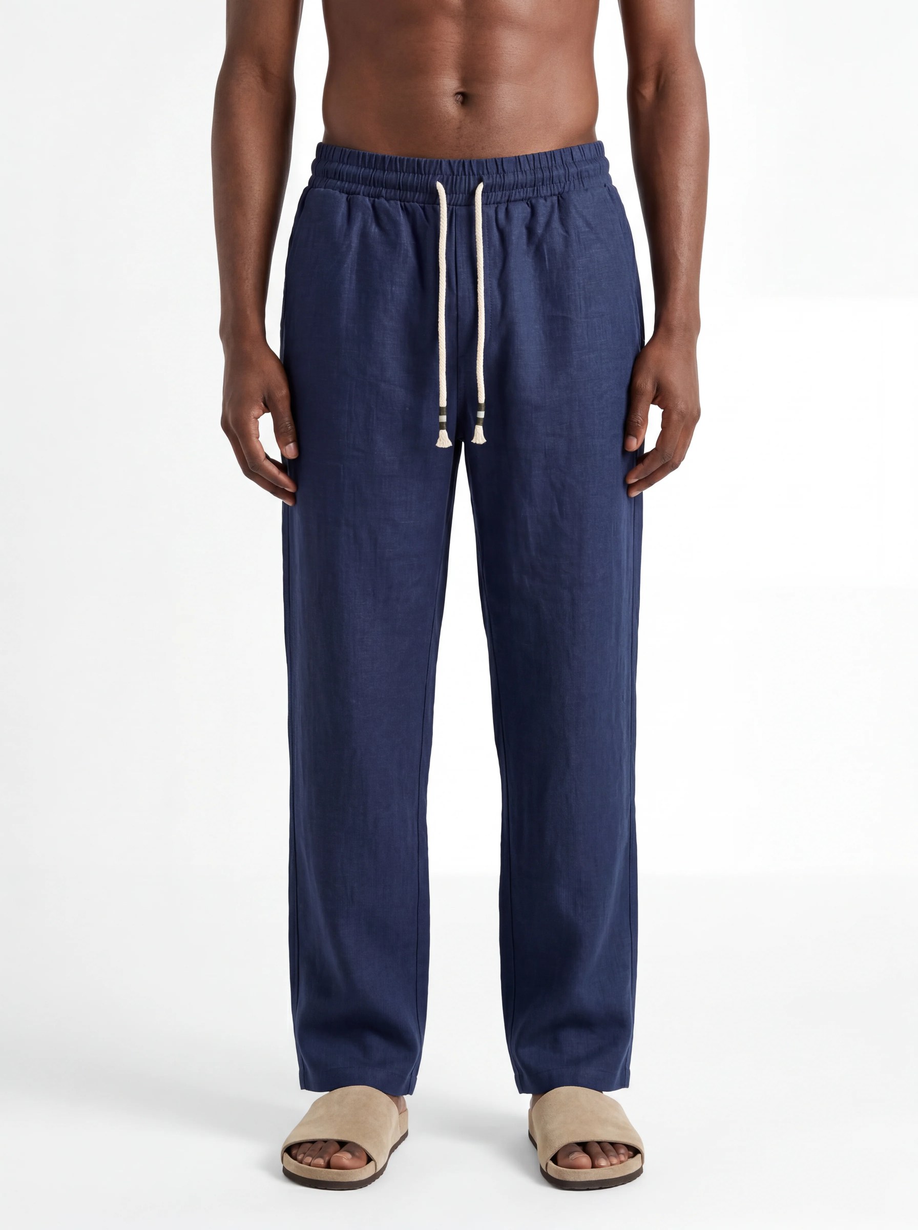 NAVY STRAIGHT-LEG PURE LINEN DRAWSTRING PANTS S27