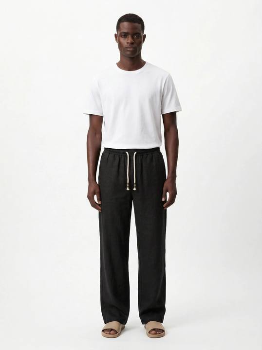 BLACK STRAIGHT-LEG PURE LINEN DRAWSTRING PANTS S27