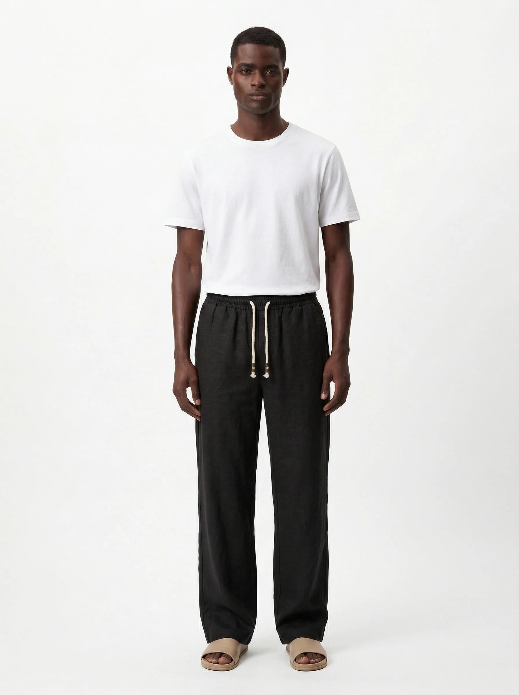 BLACK STRAIGHT-LEG PURE LINEN DRAWSTRING PANTS S27