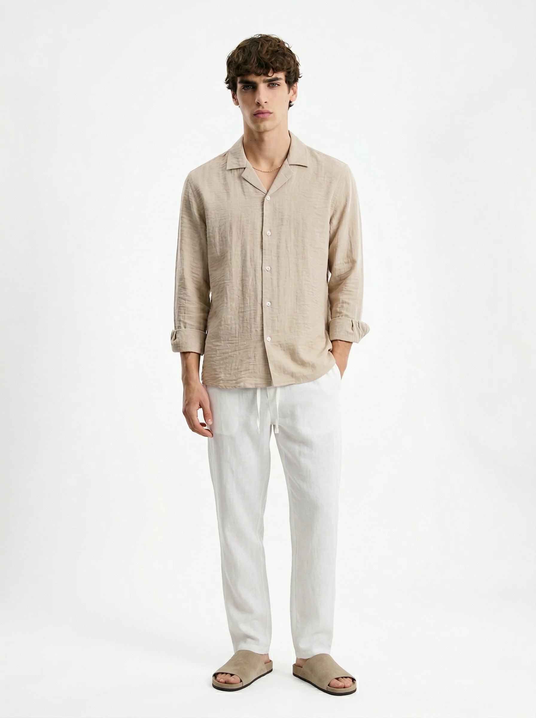 DESERT SAND WRINKLED PURE LINEN RELAXED SHIRT S27