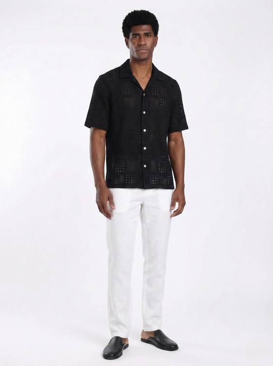 BLACK CROCHET CUBAN COLLAR RELAXED SHIRT S27