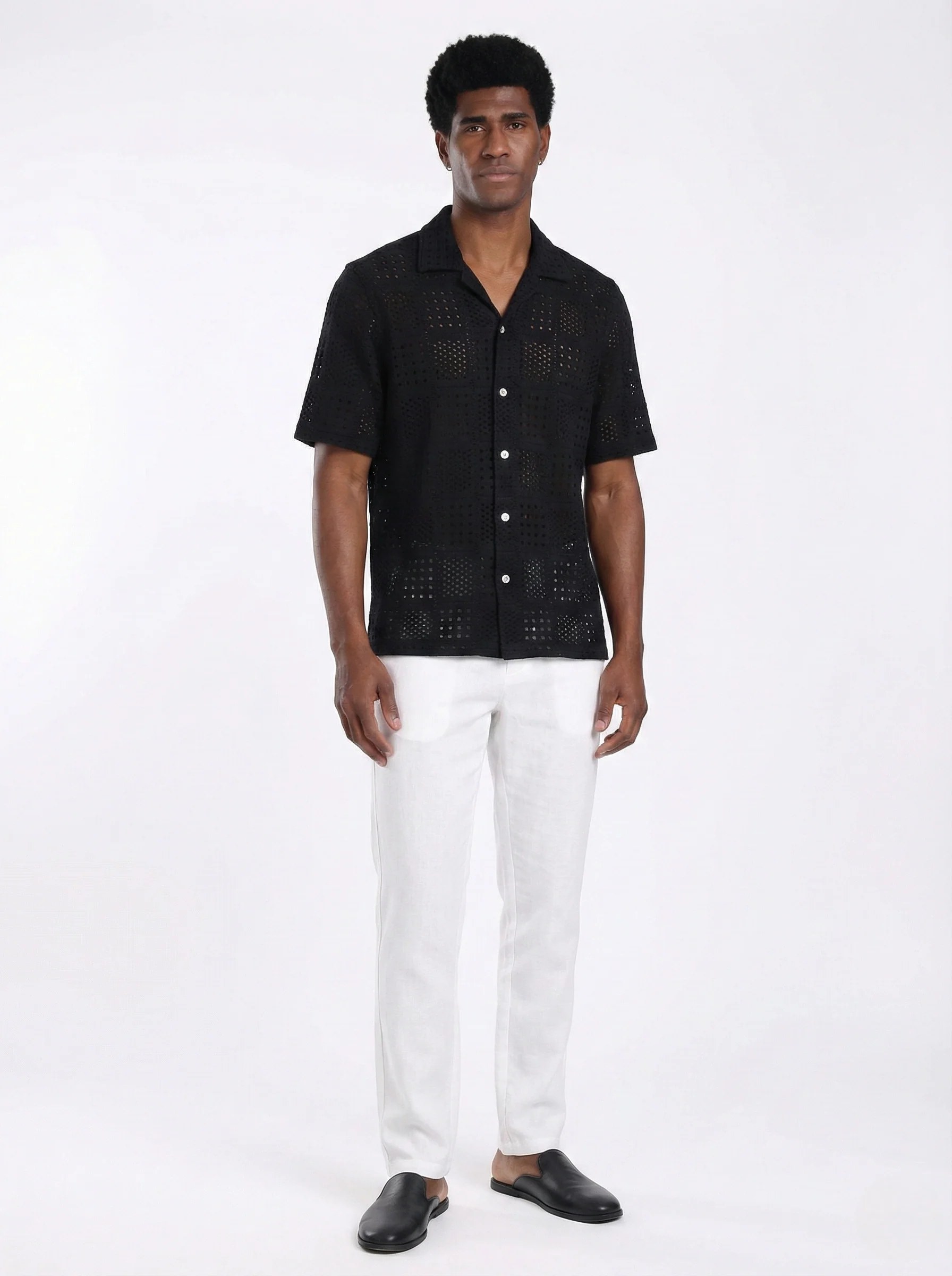 BLACK CROCHET CUBAN COLLAR RELAXED SHIRT S27