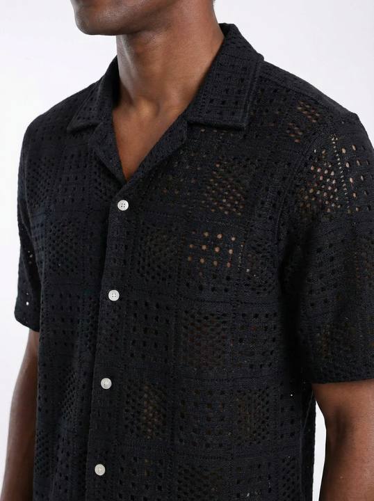 BLACK CROCHET CUBAN COLLAR RELAXED SHIRT S27