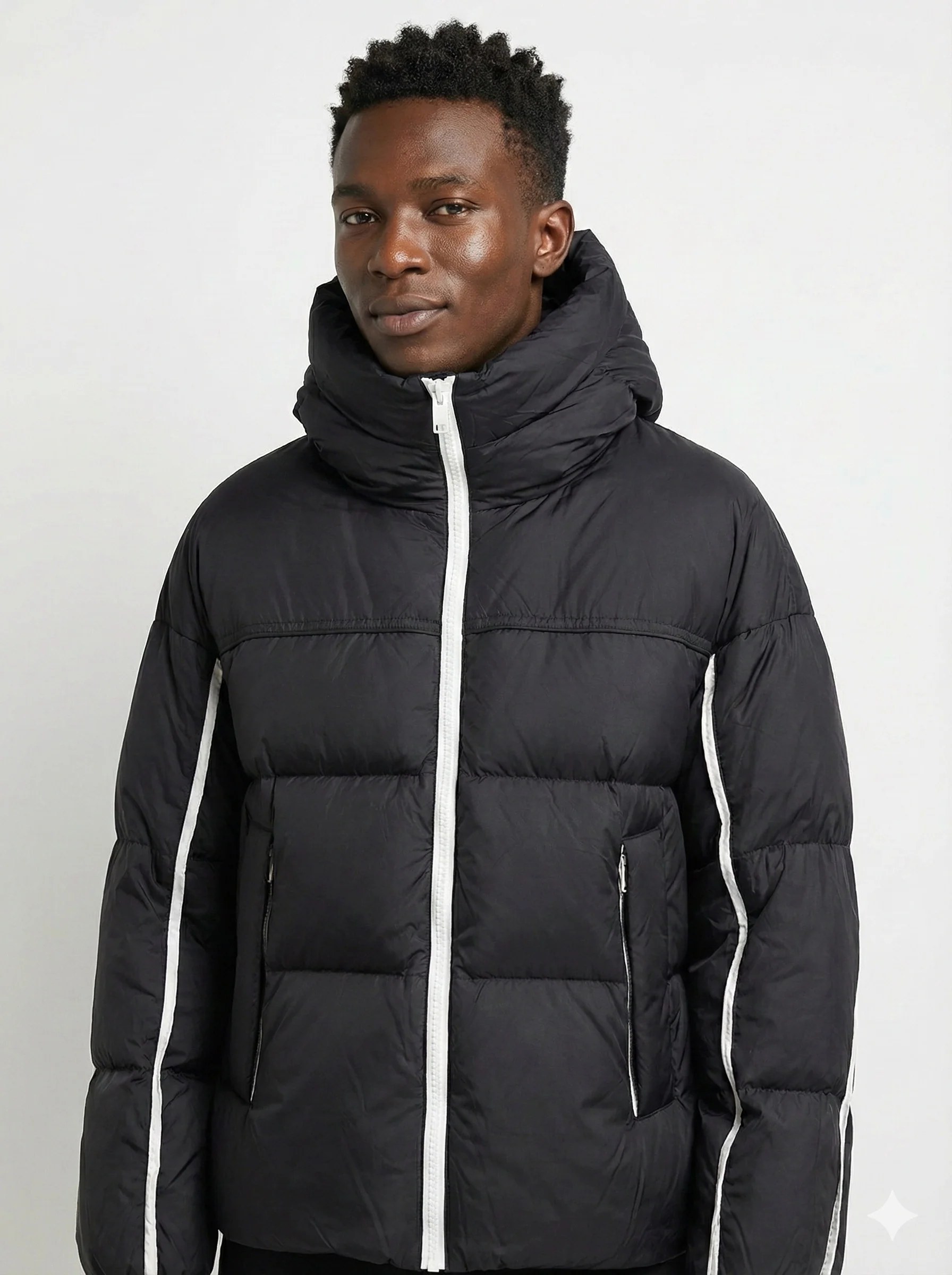 MIDNIGHT CONTRAST-STITCH HOODED PUFFER W26