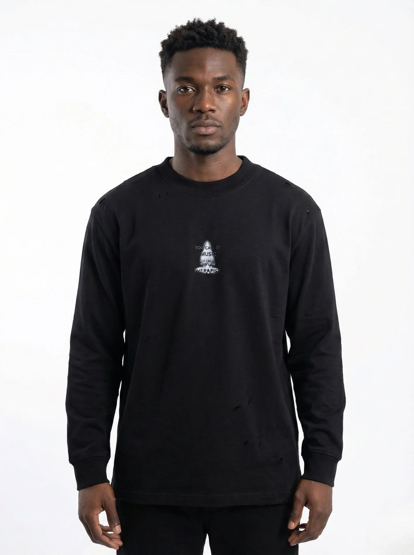 JET BLACK DISTRESSED GRAPHIC OVERSIZED LONG-SLEEVE TEE W26