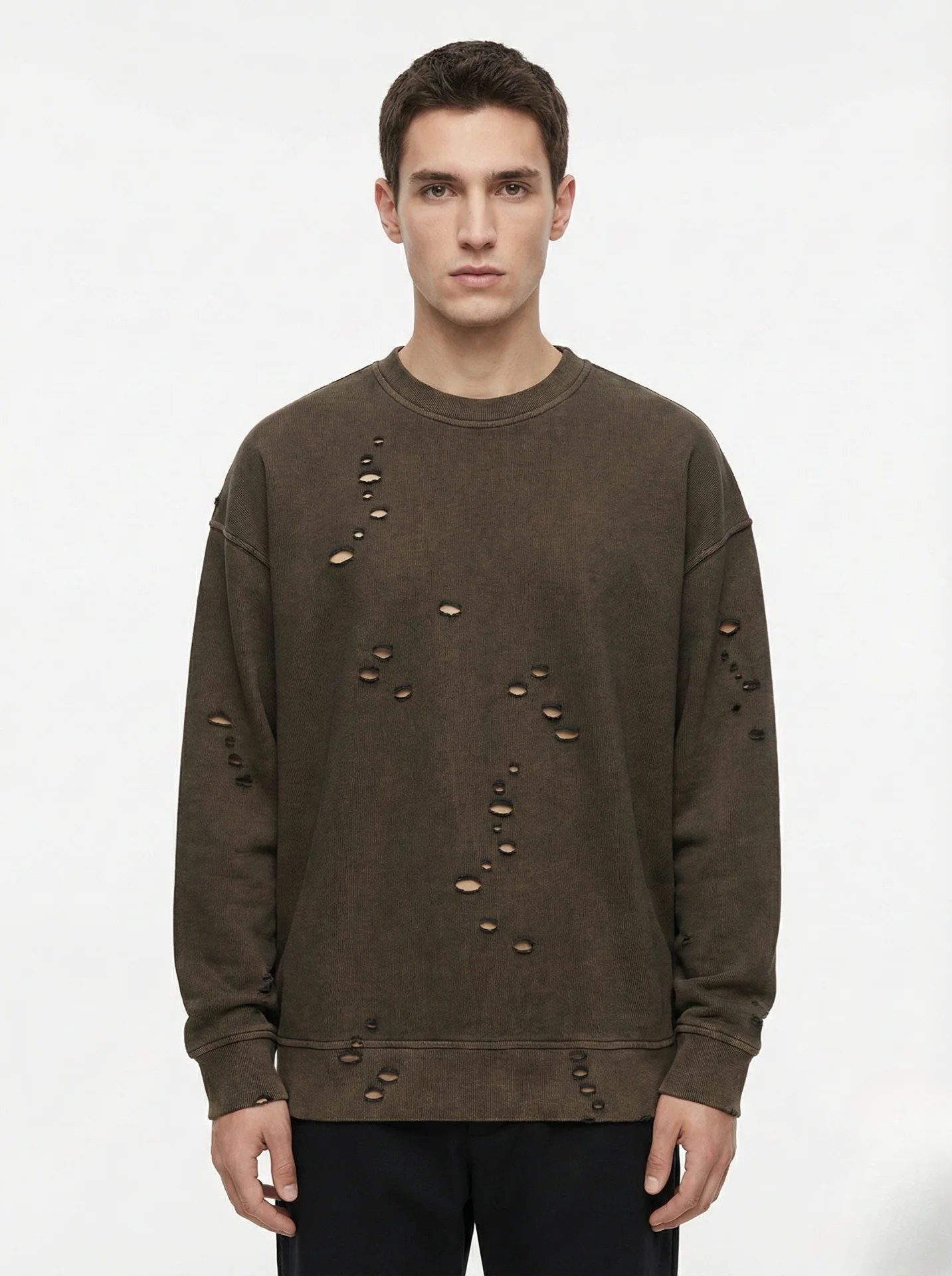 BROWN DISTRESSED WAFFLE OVERSIZED CREWNECK W26