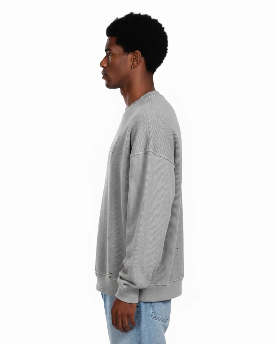 ASH GREY DISTRESSED WAFFLE OVERSIZED CREWNECK W26