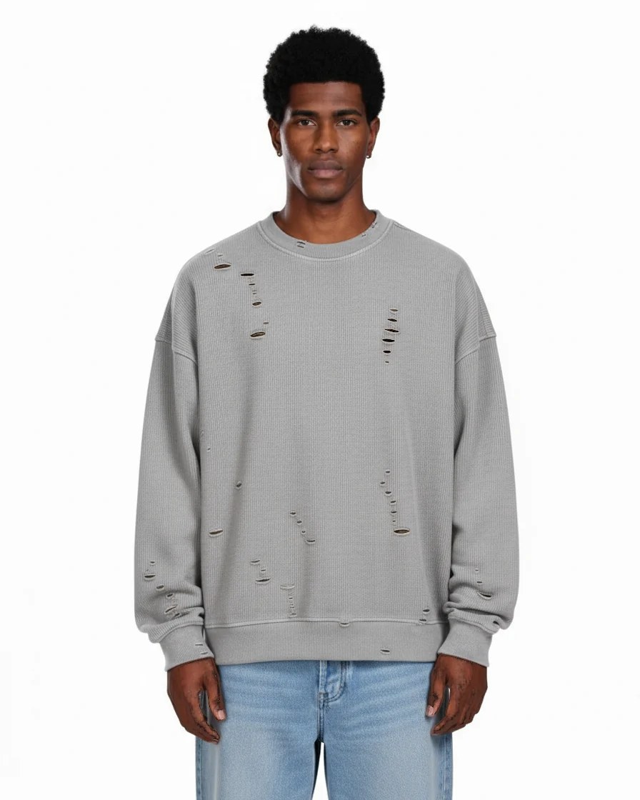 ASH GREY DISTRESSED WAFFLE OVERSIZED CREWNECK W26