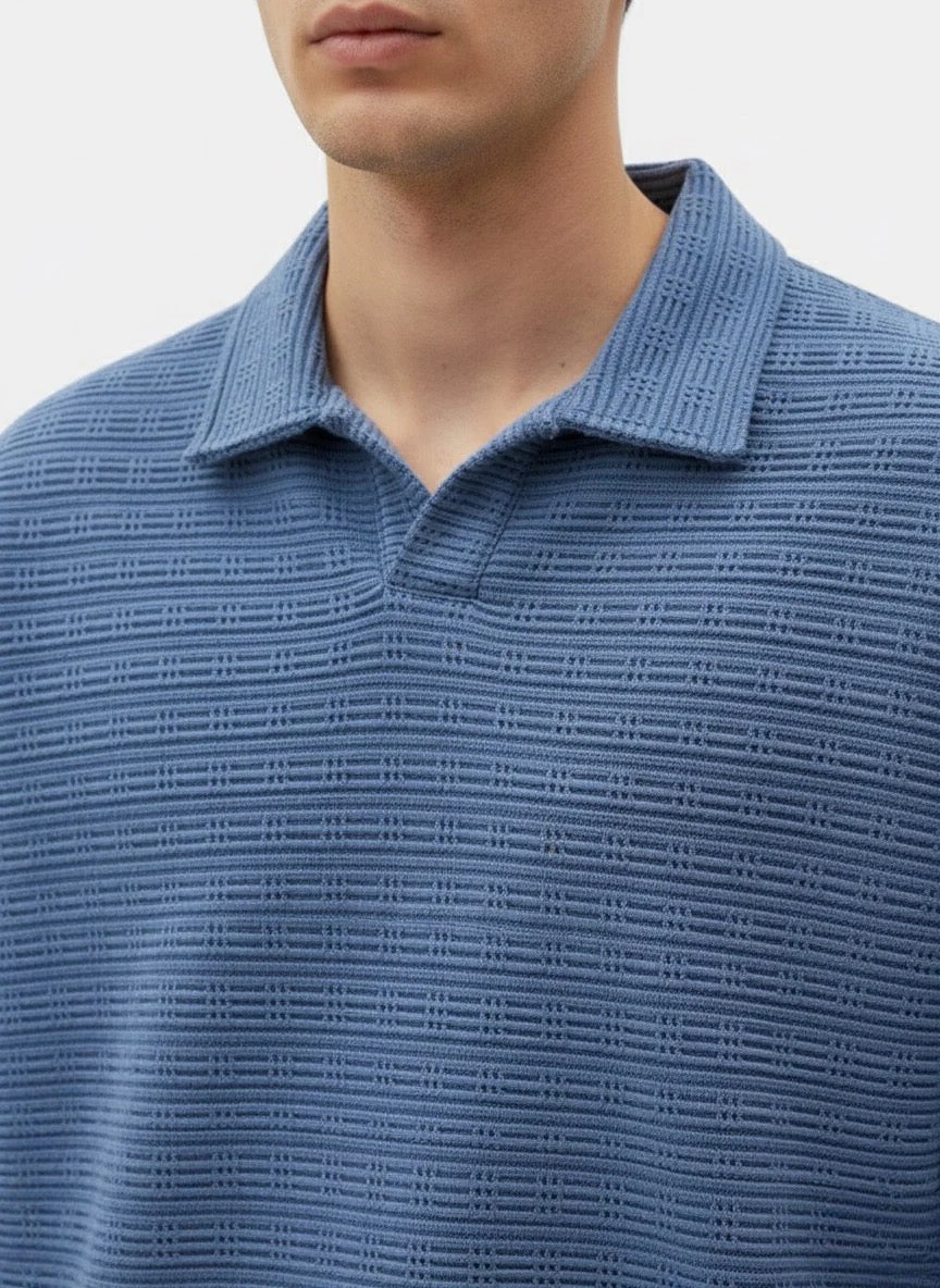 DESATURATED BLUE TEXTURED OPEN-COLLAR OVERSIZED SWEATSHIRT W26