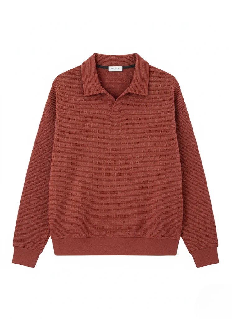 TERRACOTTA RED TEXTURED OPEN-COLLAR OVERSIZED SWEATSHIRT W26