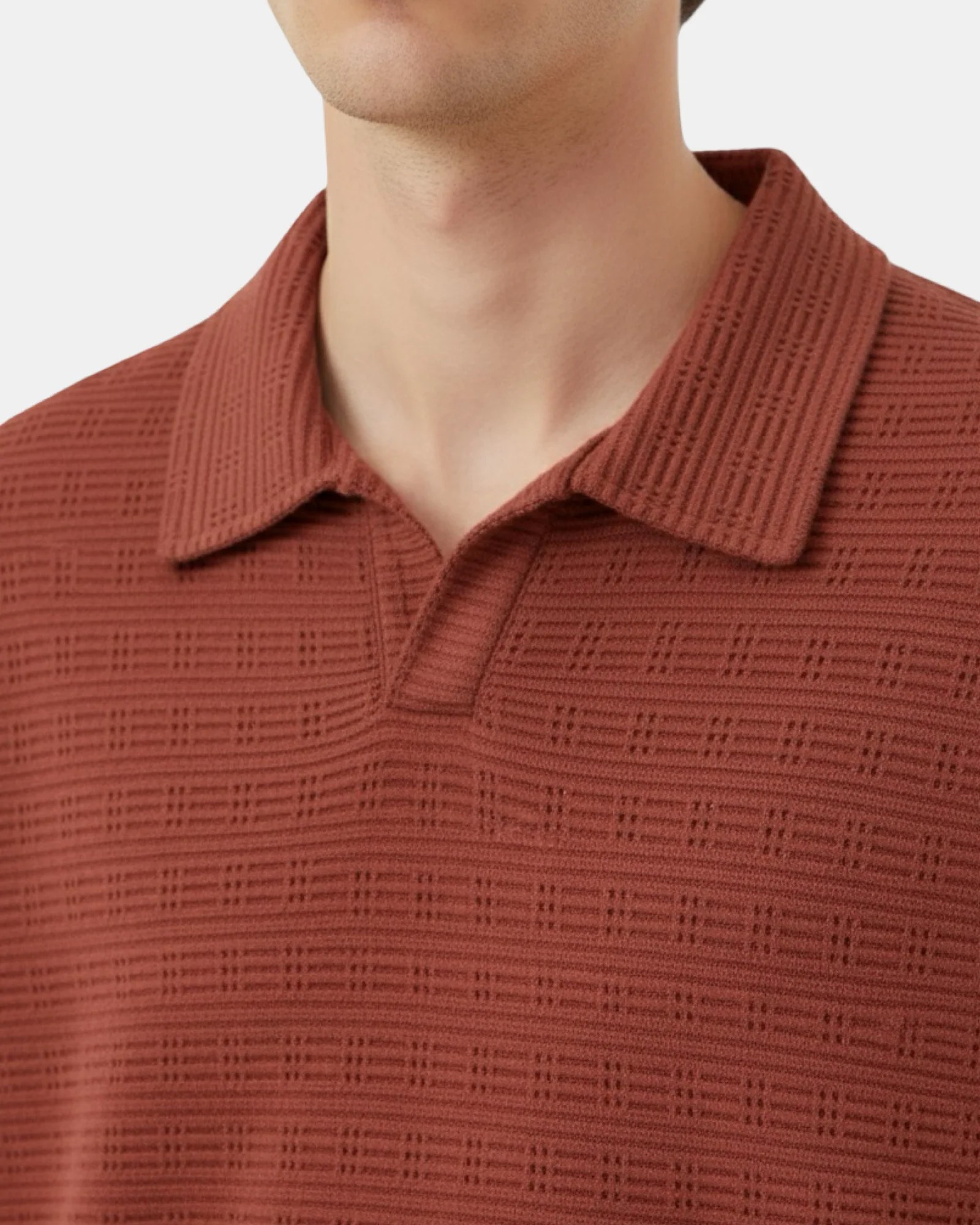 TERRACOTTA RED TEXTURED OPEN-COLLAR OVERSIZED SWEATSHIRT W26