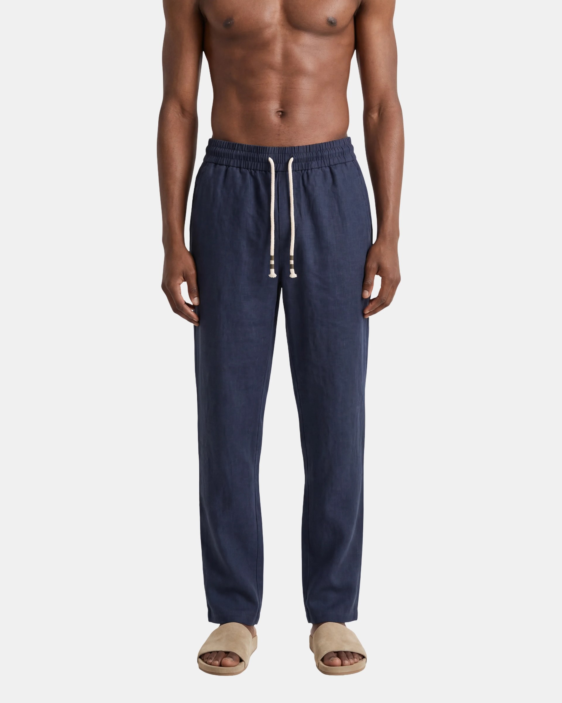 NAVY 100% LINEN SLIM-FIT DRAWSTRING PANTS S27