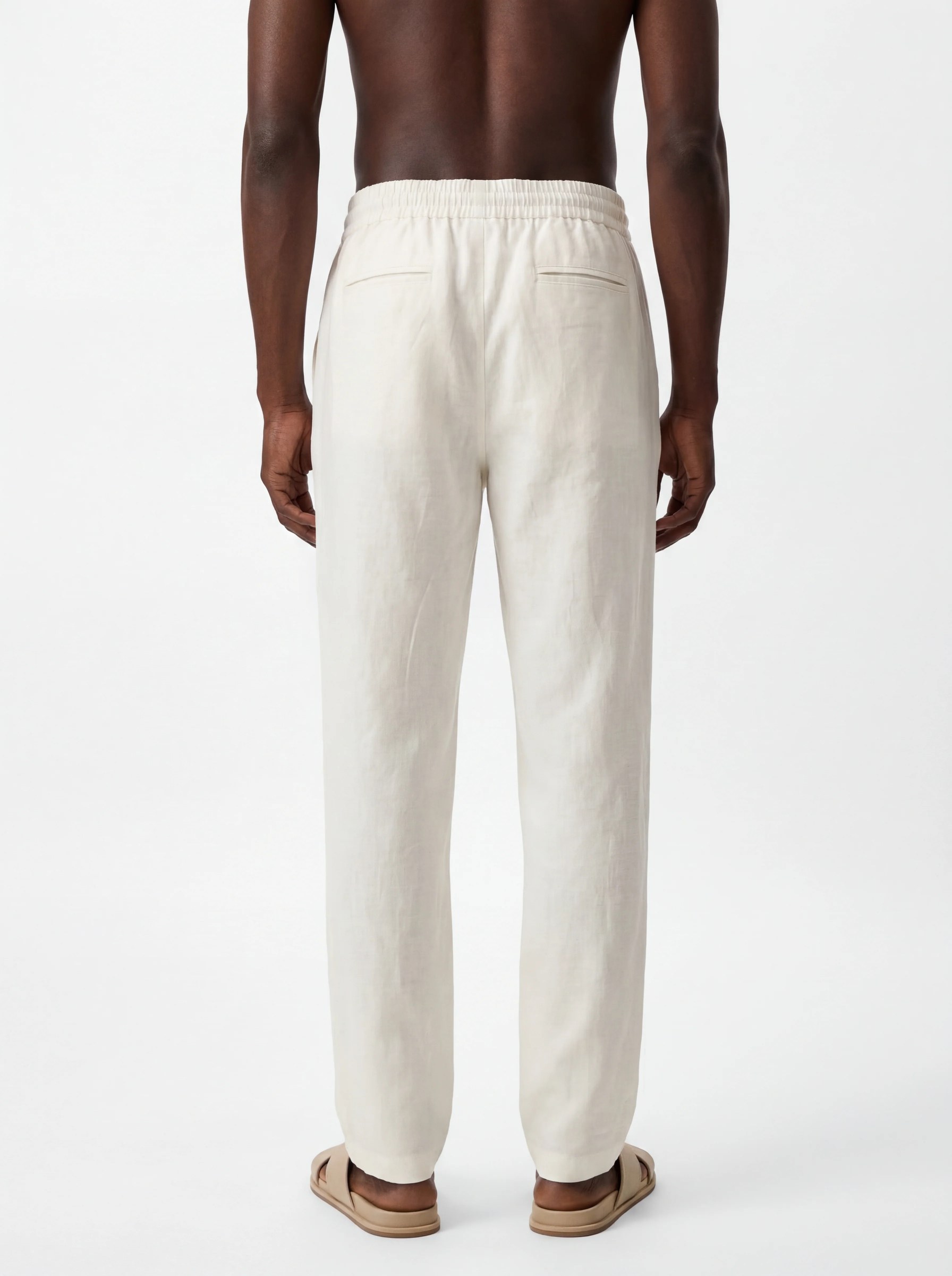 WHITE 100% LINEN SLIM-FIT DRAWSTRING PANTS S27